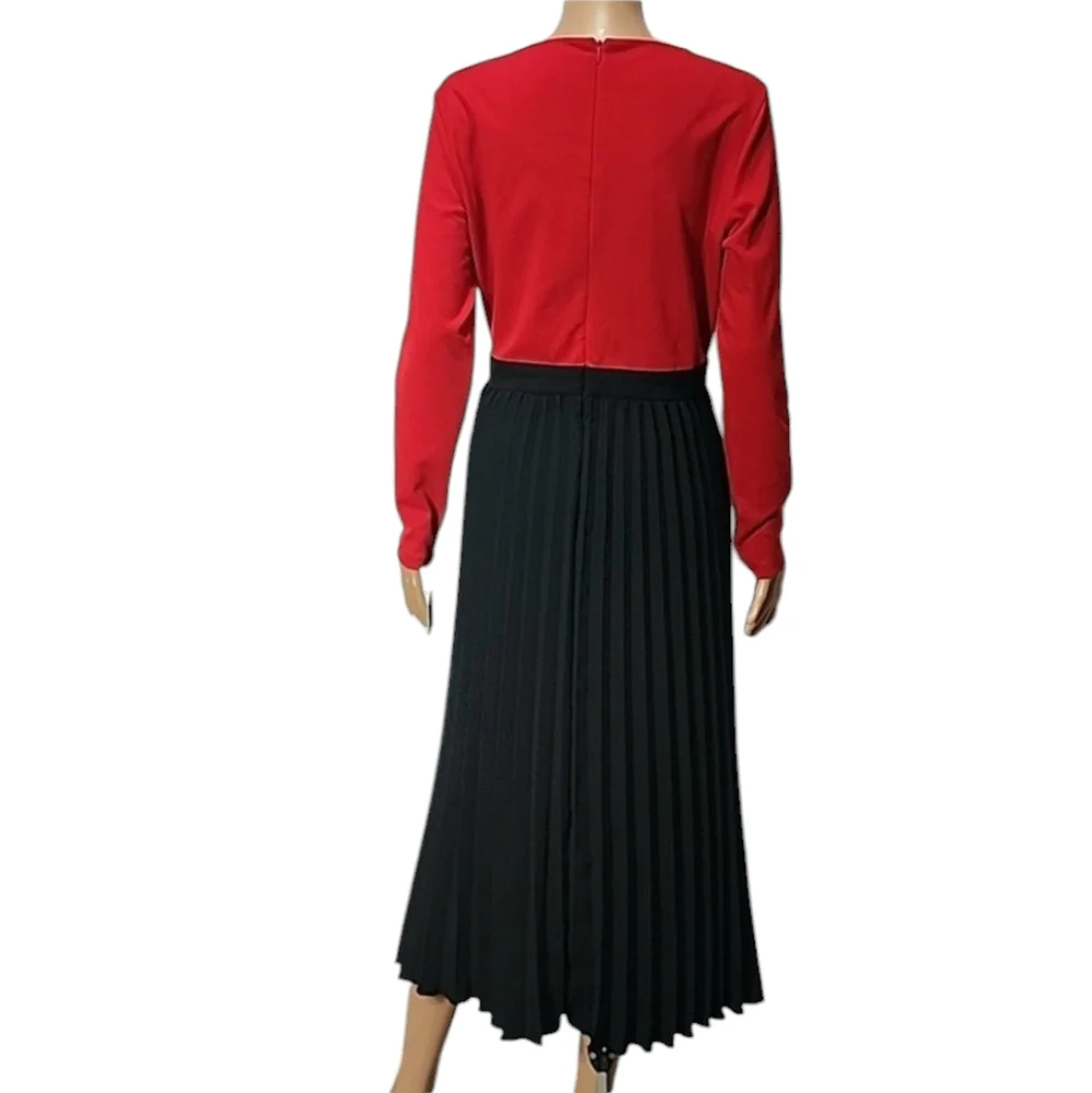 Leslie‎ Fay long Sleeve Pleated Midi Dress Red And Black Size 12 NWT